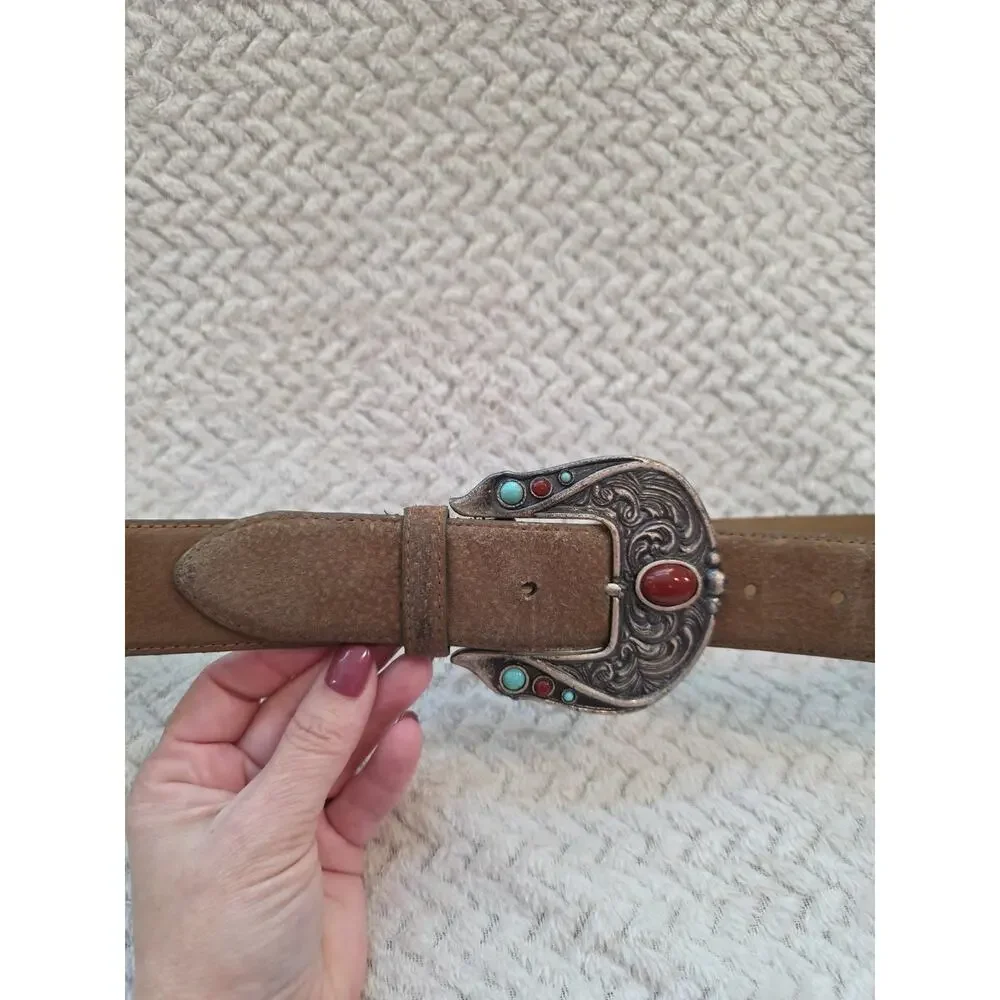 Kenneth Cole RodeoCutie Taupe Suede Leather Cowgirl Southwestern Buckle Belt MED